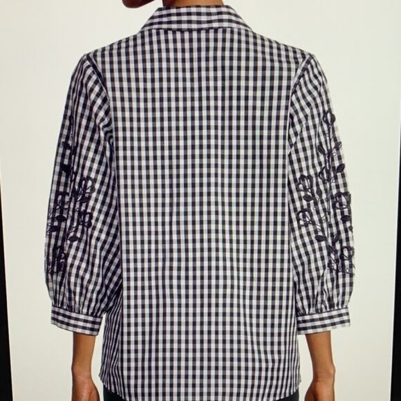 E Karl Lagerfeld Blue White Gingham Plaid Cottage Embroidered Top Shirt NWT S - Picture 9 of 9